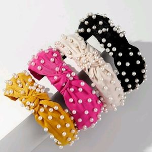 Plain headbands with multicolored knot design with riveted pearls set of 4